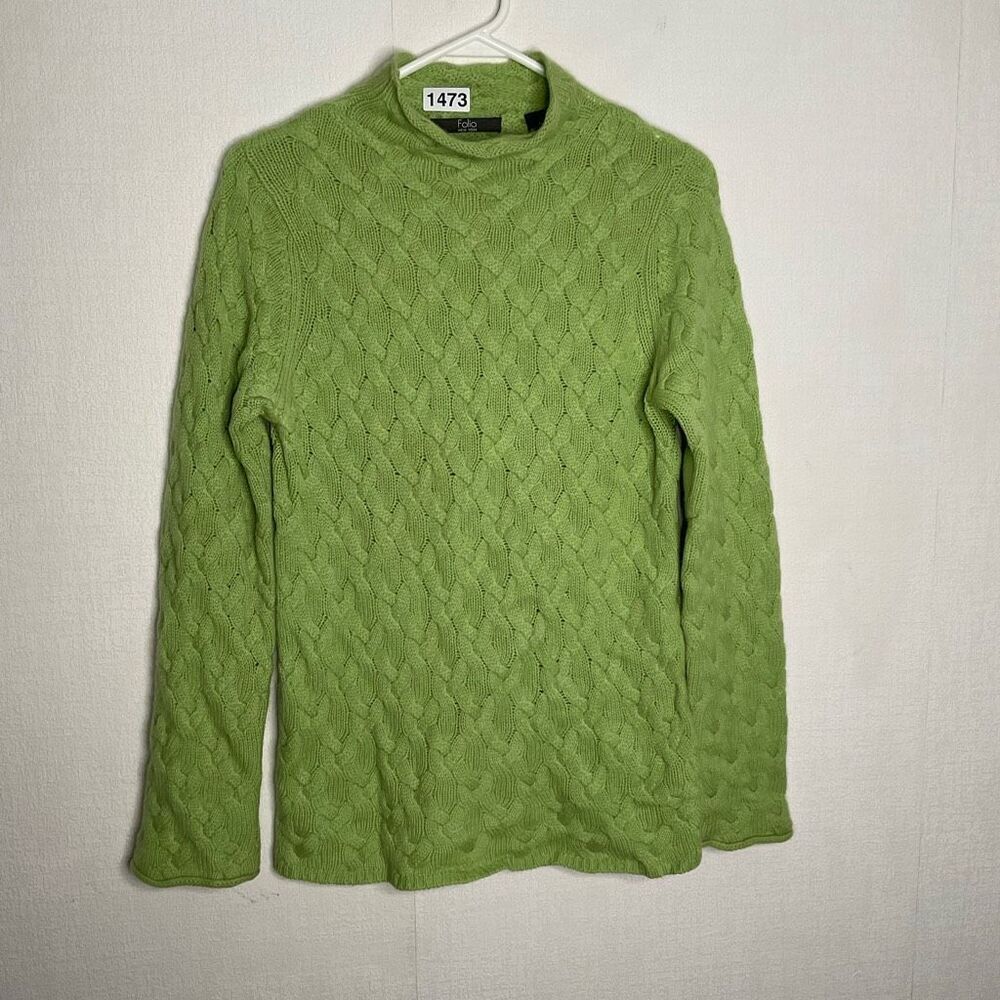 FOLIO Sweater Cable‎ Knit Womens 100% Cashmere Green Mock neck Pullover  Preppy